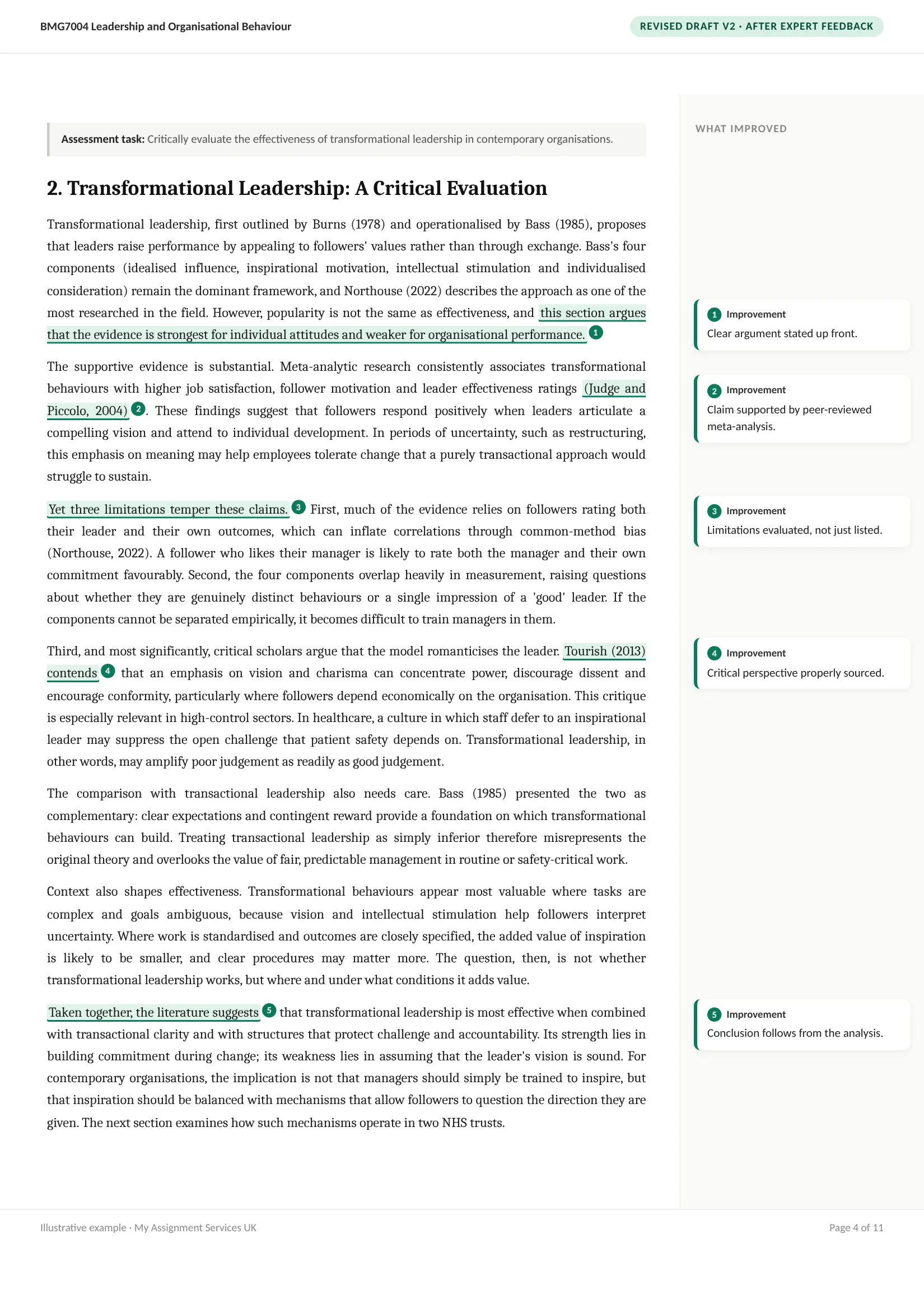 After: revised draft, Leadership essay, paragraph 2