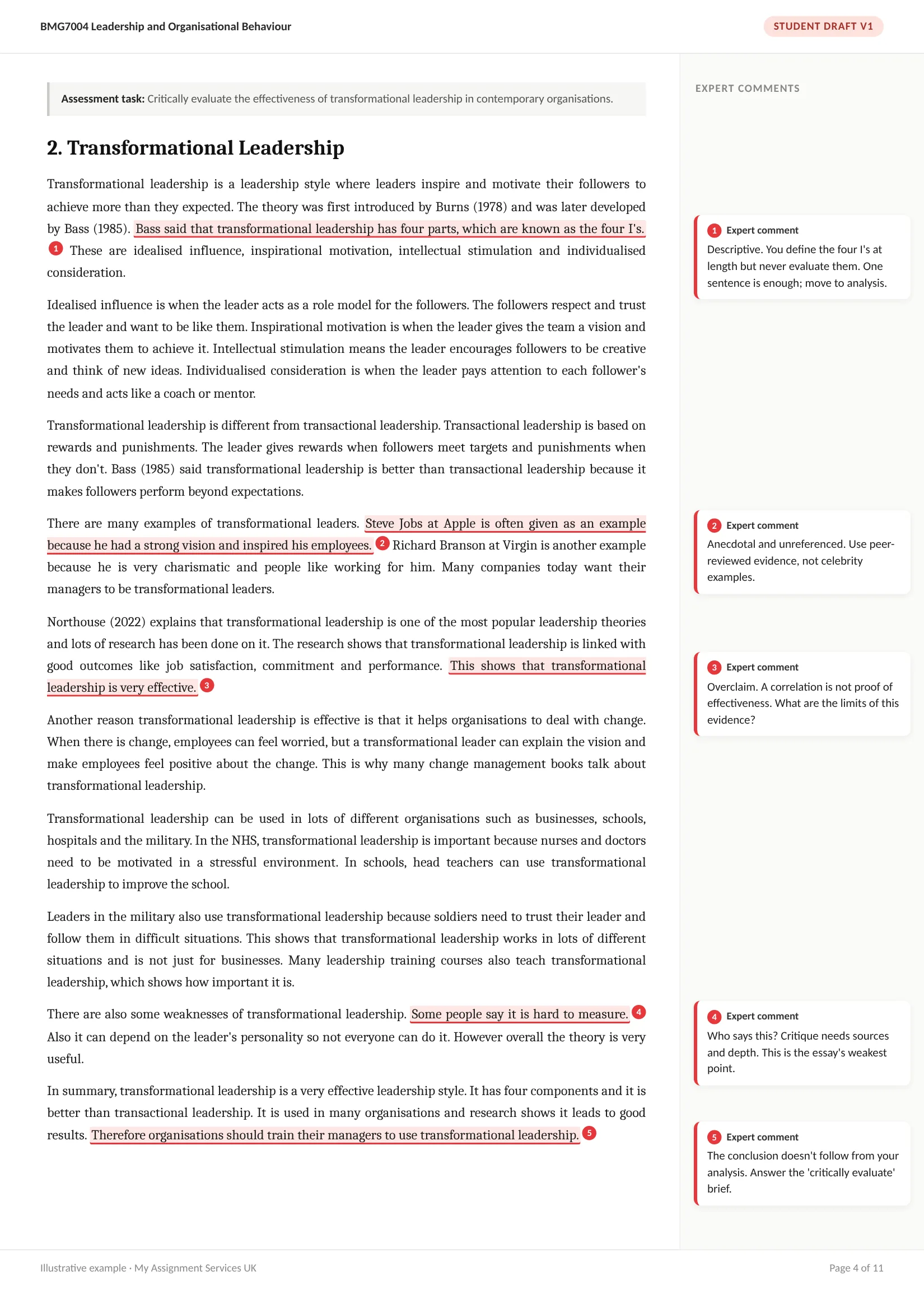 Before: student draft, Leadership essay, paragraph 2, with expert comments