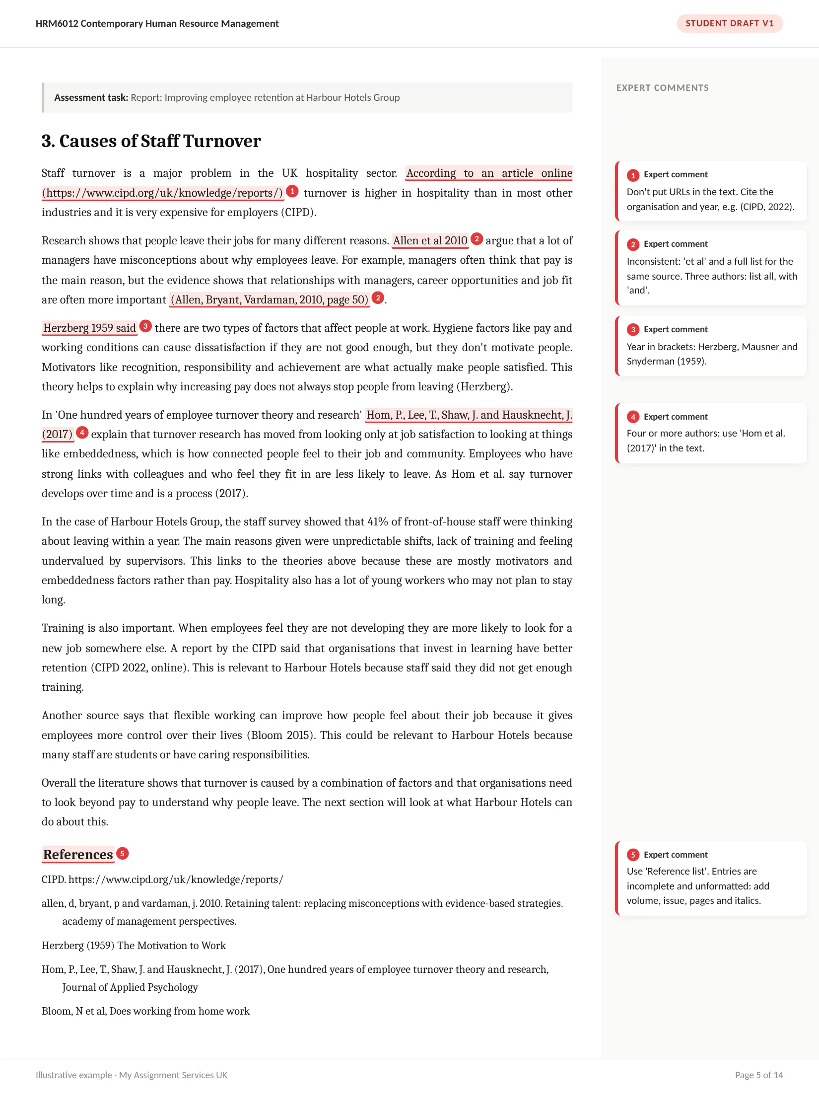 Before: student draft, HRM report, section 1, with expert comments