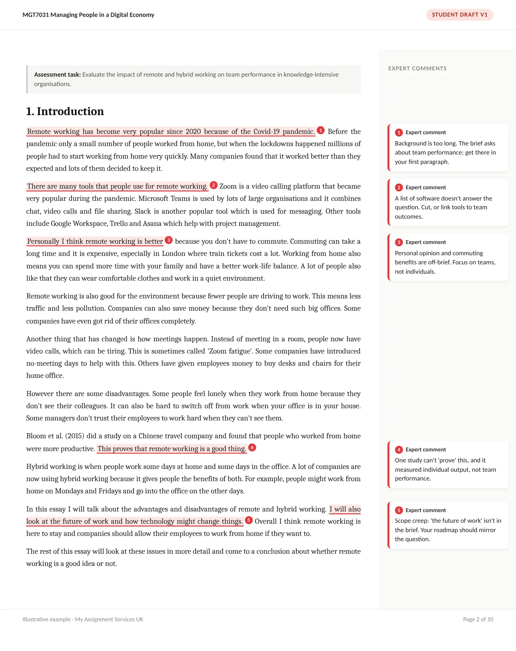 Before: student draft, Brief: Evaluate the impact of remote working on team performance, with expert comments