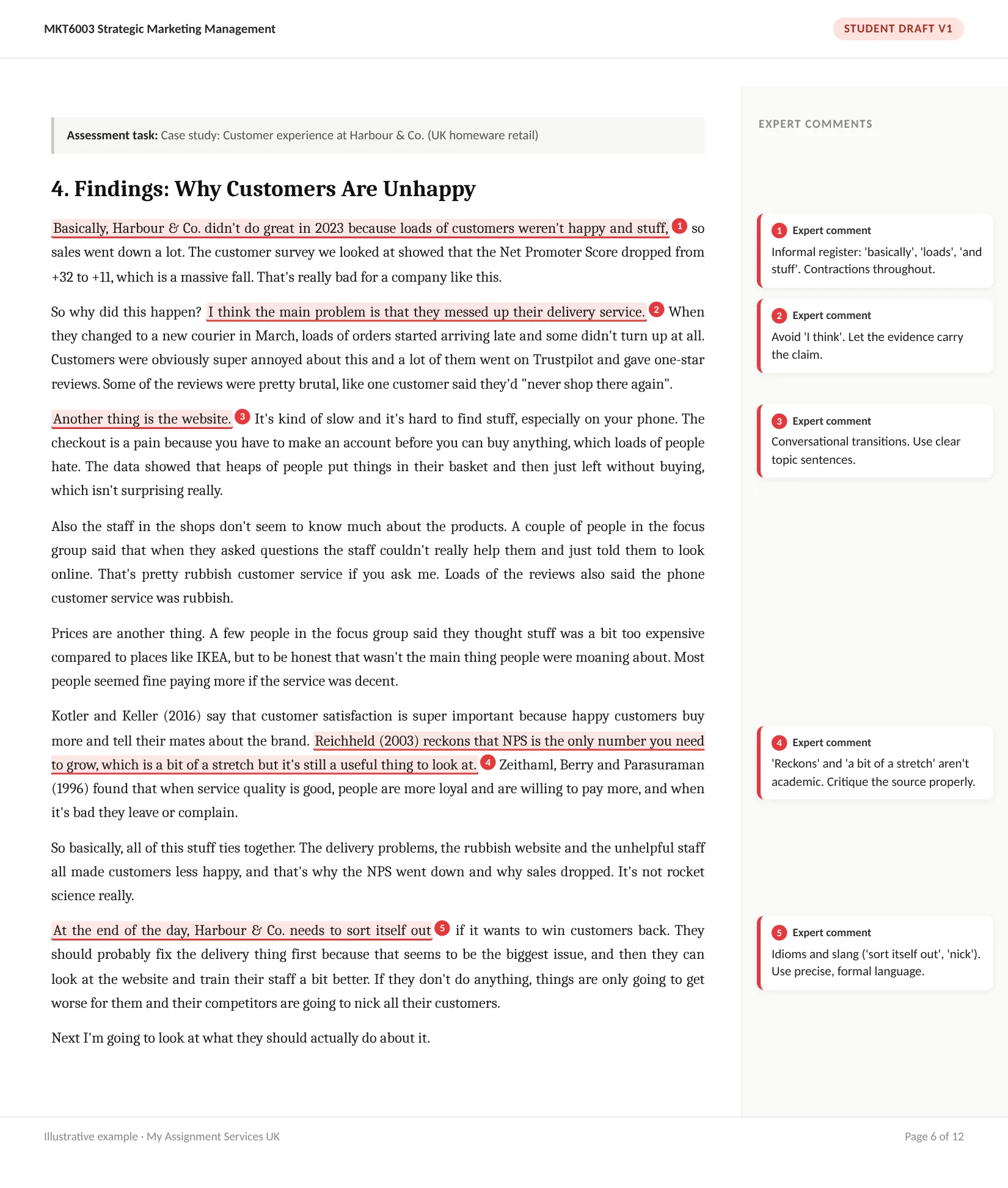 Before: student draft, Marketing case study, findings, with expert comments