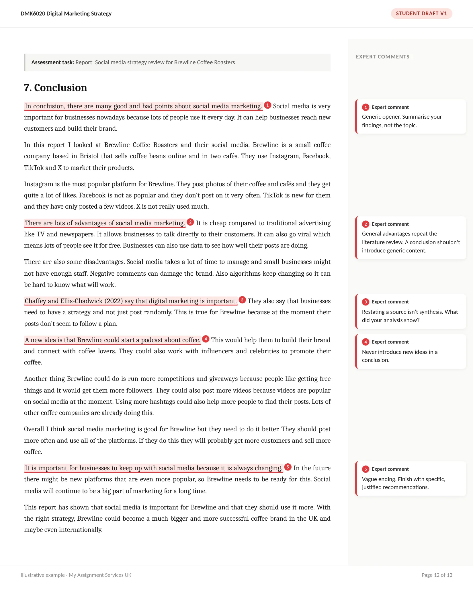 Before: student draft, Digital marketing report, conclusion, with expert comments